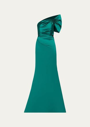 Teri Jon One Shoulder Ruched Taffeta Gown