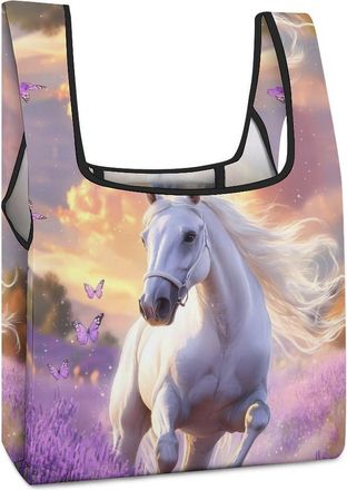 Generic White Horse Lavender Flowers Shopping Bag Reusable Grocery Tote Bag Foldable Handbag for Travel Picnic