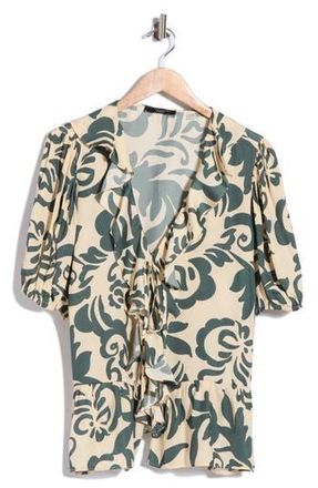 T Tahari Ruffle Short Sleeve Peplum Top in Natural/Green Swirl Print at Nordstrom Rack, Size 2 X