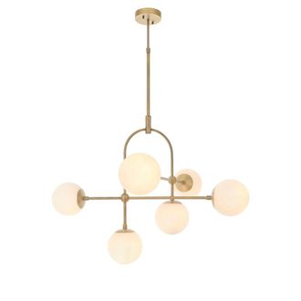 Loops Antique Brass Multi Arm Ceiling Light & Opal Glass Shade 6 Bulb Hanging Pendant in Clear