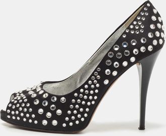 Giuseppe Zanotti Black Satin Crystal Embellished Peep Toe Platform Pumps
