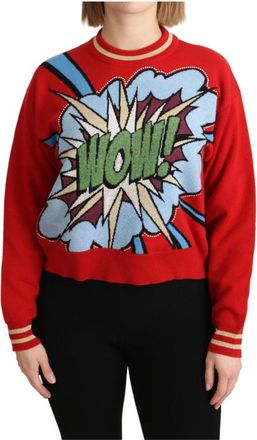 Dolce & Gabbana Rode Gebreide Cashmere Cartoon Top Trui - Dames - Cashmere truien - Rood - XS - Wol - Truien & Vesten