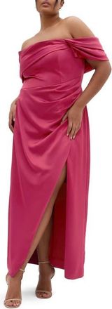 City Chic Paloma Off the Shoulder Satin Maxi Dress in Beet Red at Nordstrom