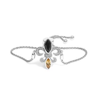 House of Brilliance 925 Sterling Silver Marquise Black Onyx, Orange Citrine, and Diamond Accent Lariat 4-10 Fleur De Lis Bolo Bracelet