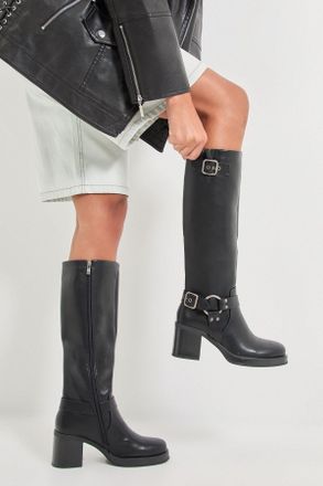 Faith Womens : Cleo Faux Leather High Block Heel Knee Biker Boots - Black - Size UK 6