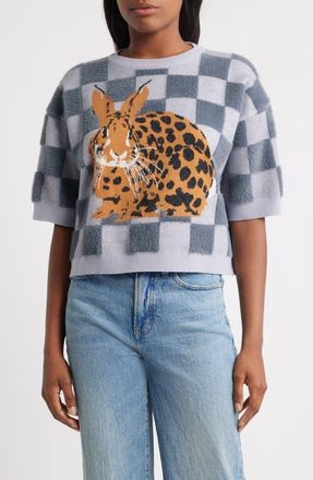 Dressed in Lala Leopard Bunny Short Sleeve Sweater in Blue Check at Nordstrom, Size Large