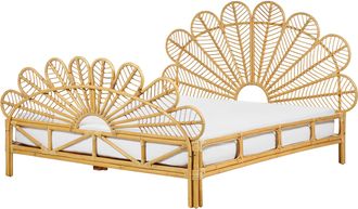 Beliani Cama Con Somier De Rat&aacute;n Madera Clara 160 X 200 Cm Panel Trenzado Pavo Real Florentine