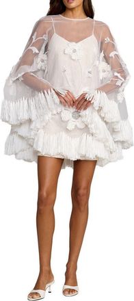 Mac Duggal Embellished Trapeze Mini Dress With Fringe Hem in Ivory at Nordstrom, Size Medium