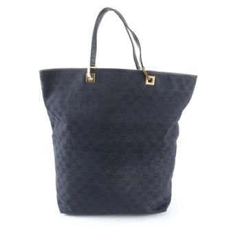 Gucci Black Leather Canvas Handbag Tote Bag (Pre-Owned)
