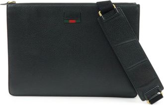 Gucci Web Strap Front Zip Messenger Leather Black Leather Handbag (Pre-Owned)