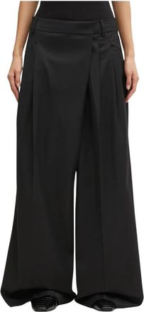 Ganni Calendered Wool Mid Waist Pants - Dames - Wijde Broeken - Zwart - M - Wol - Broeken