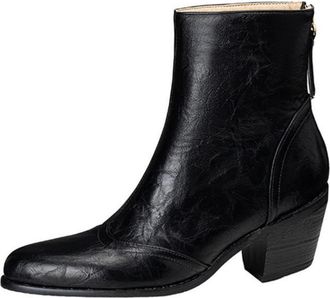 Generic Womens Crinkled Leather Ankle Boots Pointed Toe Chunky Block Heels Side Zipper Comfortable Non-Slip Wear-Resistant for Daily Casual Office Coffee Shop