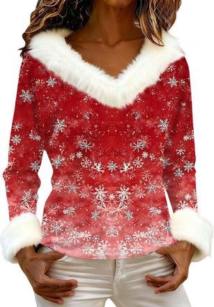 Generic Christmas Sweatshirts for Women Faux Fur Trim Plush V Neck Funny Xmas Tops Novelty Santa Claus Wine Glass Graphic Pullover Shirt (Z02-Red, M)