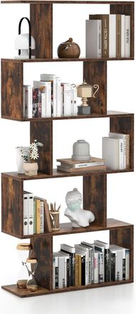 Costway Costway - Librer&iacute;a Con 6 Niveles, Librer&iacute;a Con Forma De S Con Dispositivo Antivuelco, Estante De Madera Con Forma De Z Para Libros Fotos Y Plantas, Es