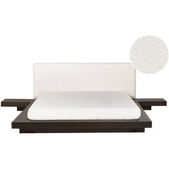 Beliani Cama De Agua Moderna 160 X 200 Cm Con Colch&oacute;n Mesitas De Noche Cabecero De Boucl&eacute; Madera De Fresno Oscuro Zen