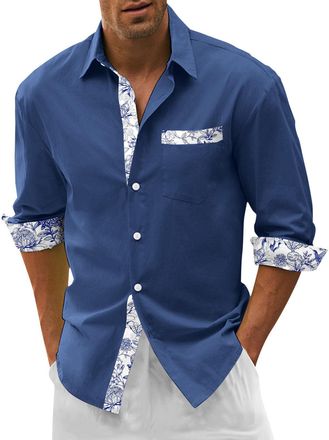 Generic Mens Shirts Long Sleeve Regular Fit Wedding Dress Shirt Formal Business Contrast Colour Hawaiian Shirt Casual Shirts with Pockets Dark Blue