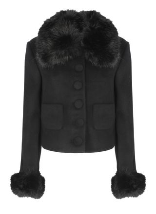 Self Portrait Black Cropped Faux Fur Details Jacket