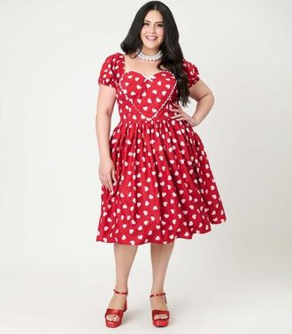 Unique Vintage Plus Size Puff Sleeve Sweetheart Fit & Flare Dress in Red W/White Heart Print at Nordstrom, Size 5 X