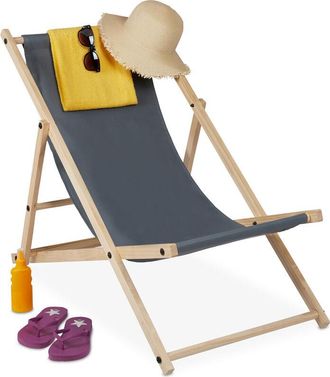 Relaxdays Relaxdays Beach Deckchair Wood, Foldaway Wooden Steamer Chair With Fabric, Adjustable, Garden, Balcony, Anthracite