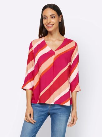 Heine Druckbluse HEINE, Damen, Gr. 34, bunt (pink, apricot, bedruckt), 100% Viskose, bedruckt, gemustert, gestreift, mehrfarbig, V-Ausschnitt, Blusen Druckb