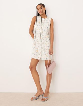 Nobody's Child Ned - Vestito scamiciato corto in denim bianco a fiori-Multicolore