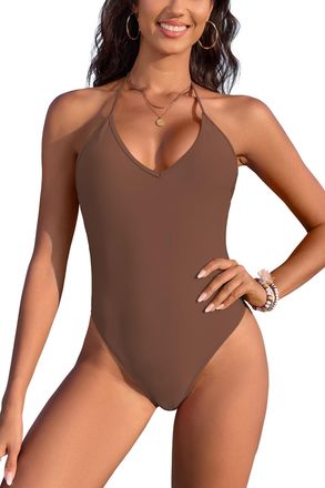 SHEKINI Womens One Piece Swimsuit Halter V Neck Push Up Swimming Costume High Cut Bathing Suit Backless Vintage Sexy Thong Monokini Swimwear, Brown, S