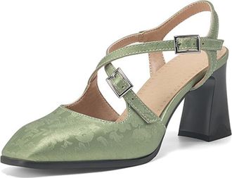 Generic Womens Square Toe Slingback Pumps Chunky Heel Double Ankle Strap Jacquard Fabric Cushioned Insole Comfortable Retro Style Dress Shoes for Daily Wear,G