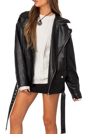 Edikted Wrenley Oversize Faux Leather Moto Jacket in Black at Nordstrom, Size X-Small