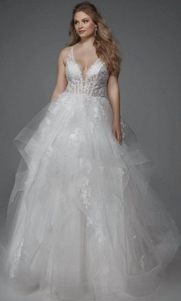 Alyce Paris Plunging Floral Applique Ball Gown In Diamond White /azure Blue