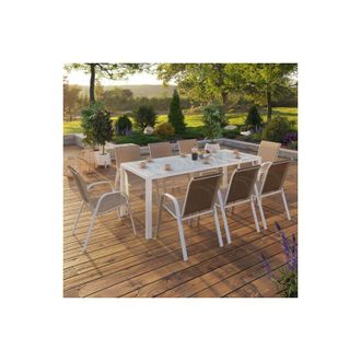IDMarket Madrid Conjunto De Muebles De Jard&iacute;n 190cm Mesa Y 8 Sillas Apilables Blanco Y Beige