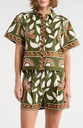 Halogen Floral Print Short Sleeve Cotton Button-Up Shirt in Chive at Nordstrom Rack, Size X-Large