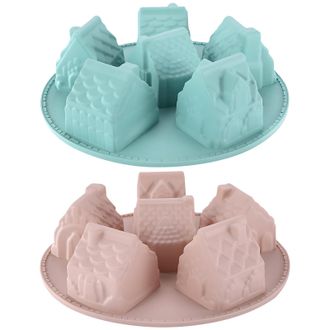 OEM Juego De 2 Moldes De Silicona Para Hornear Con Forma De Casa - 6 Cavidades - Molde Antiadherente Para Pasteles, Ideal Para Pud&iacute;n De Navidad, Postres, 