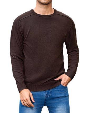 iClosam Mens Jumper Crew Neck Classic Mens Ribbed Knit Jumpers Regular Fit Men Basic Sweater Winter Long Sleeve Pullover Hoodless for Everyday Wear,Brown,2XL