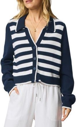 Splendid Nicolette Placed Stripe Cotton Polo Cardigan in Navy Blue/White at Nordstrom Rack, Size X-Small