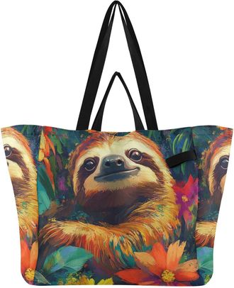 Generic Flower Sloth Brown print Reusable Canvas Tote Bag, Heavy Duty Grocery Shopping Bag with Large Capacity Double Handles Hard Bottom Work Groceries Trave