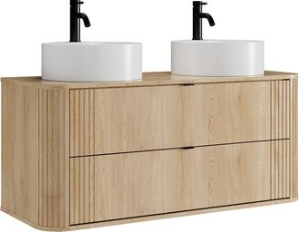 Vente-Unique Mueble de ba&ntilde;o suspendido con doble lavabo redondo sobre encimera y grifo - Natural claro - An. 120 cm - FILOR