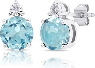 MAX + STONE 925 Sterling Silver 7mm Gemstone and Diamond Accent Halo Round Stud Earrings