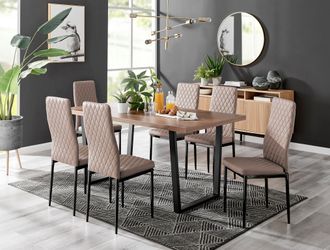 Furniturebox Kylo Large Brown Wood Effect Dining Table & 6 Milan Black Leg Faux Leather Chairs in Beige