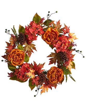 Nearly Natural 25In. Fall Ranunculus, Hydrangea & Berries Autumn Artificial Wreath