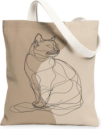 Generic Minimalistic Cat Line Art Canvas Tote Bag, Designer Reusable Grocery Bags, Lightweight Washable Shoulder Strap Bags for Tra, Beige, 13x15 Inch