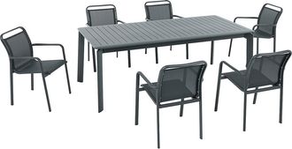 Vente-Unique Comedor de jard&iacute;n de aluminio: mesa extensible L.205/286.5 cm y 6 sillones apilables - Gris oscuro - VELYRA de MYLIA