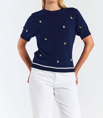 Brodie Lemon Ditsy Embroidery Tee In Navy