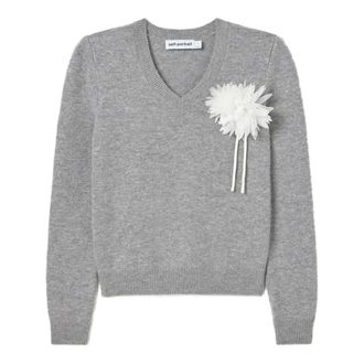Self Portrait Wol- en kasjmierblend trui met bloemen corsage - Dames - Truien - Grijs - Maat: M Wol