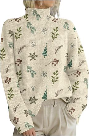 Generic Christmas Jumpers for Women UK Casual High Neck Christmas Sweater Fall Winter Elegant Funny Xmas Tree Snowflake Reindeer Printed Chunky Knitted Jumper