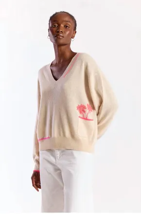 Brodie Palm Pocket V-Neck Lace Sweater In Natural