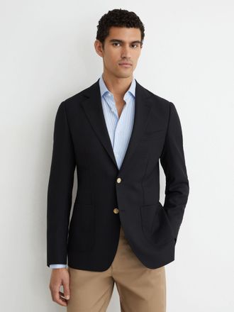 Reiss Navy Captain Hopsack Single-breasted Classic-fit Blazer With Wool, 40