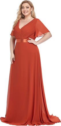 Ever-pretty Womens Elegant V-Neck Short Sleeves Empire Waist Floor Length Plus Size Mother of The Bride Dresses Orange 18UK