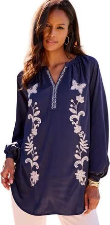 Roaman's Plus Size Georgette Split Neck Blouse in Navy Butterfly Garden at Nordstrom, Size 28