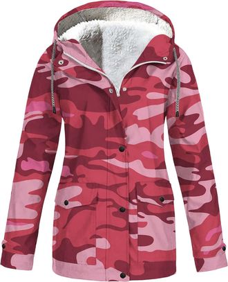 Generic Womens Fleece Lined Jacket Waterproof Camouflage Coat Winter Outdoor Rain Jackets with Hood Functional Windbreaker Jacket Ladies Thermal Windproof Tre