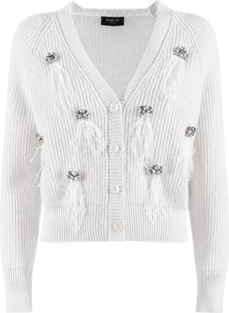 Nenette Gebreide Cardigan met Veren en Juweeldetails - Dames - Vesten - Wit - S - Wol - Truien & Vesten